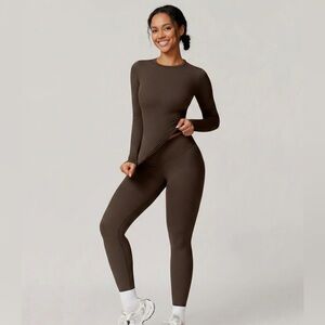 Brown Long Sleeve Workout Top and Leggings Set